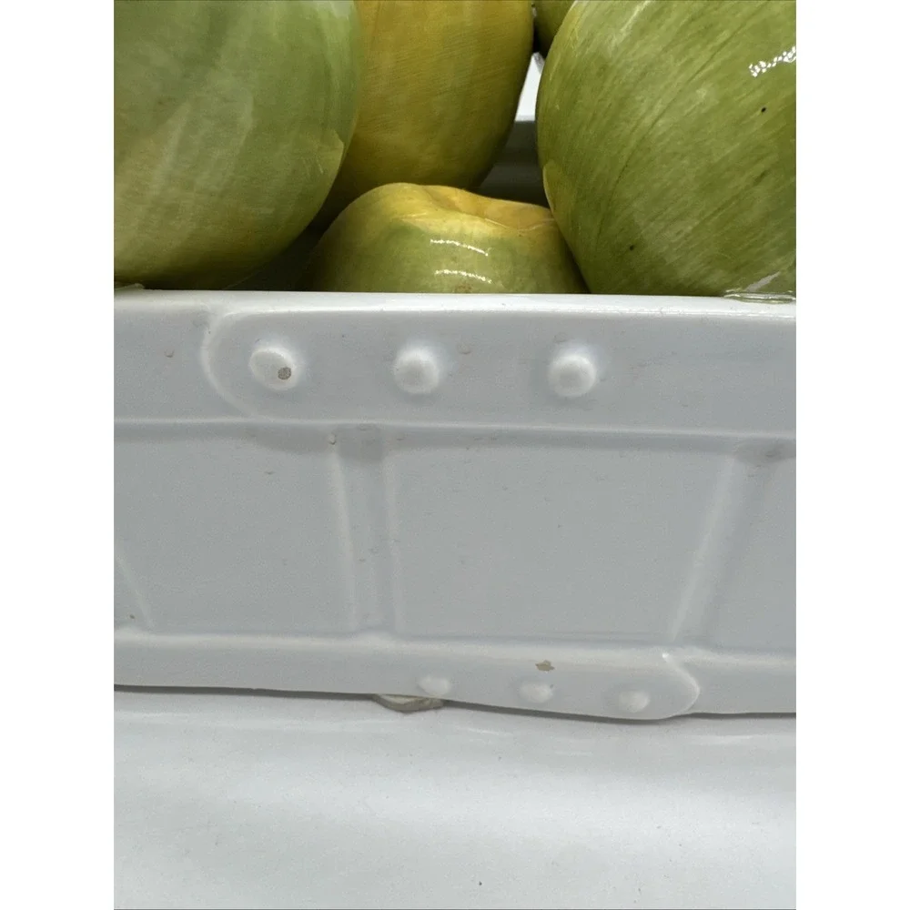 Vintage Italy Ceramic Basket Of Green Apples In Basket 9 Apples 13